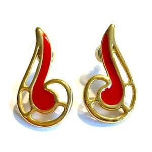 Vintage 1980’s gold & red enamel pierced earrings mod Boss Lady fashion jewelry